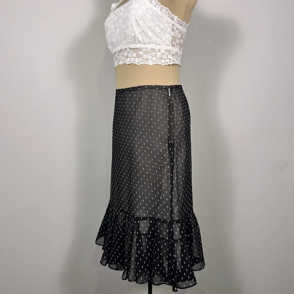 Ann Taylor LOFT Sheer Polka Dot Black Chiffon‎ Ruffle Hem Skirt 10P Workwear